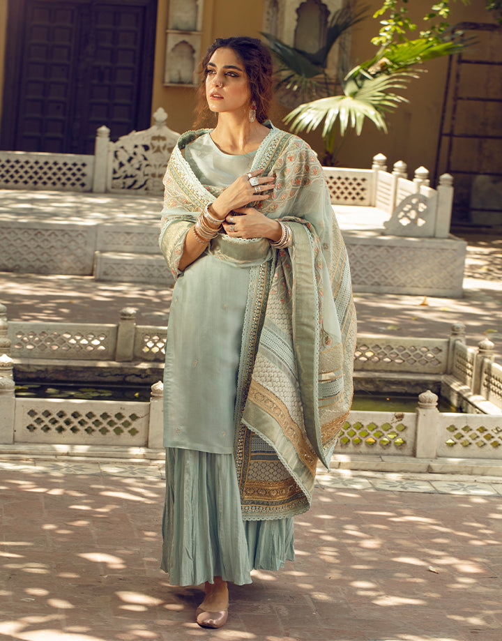 Pakistani Mint Embroidered Korean Raw Silk Sharara (3-Piece) - Image 5