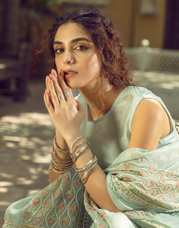 Pakistani Mint Embroidered Korean Raw Silk Sharara (3-Piece) - Image 1