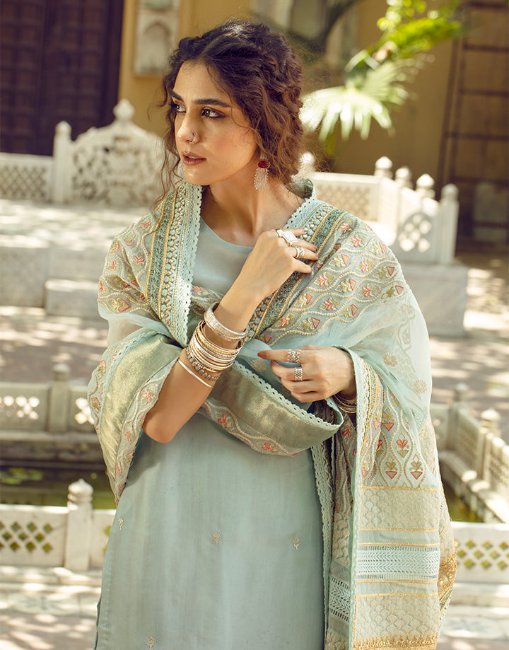 Pakistani Mint Embroidered Korean Raw Silk Sharara (3-Piece) - Image 6