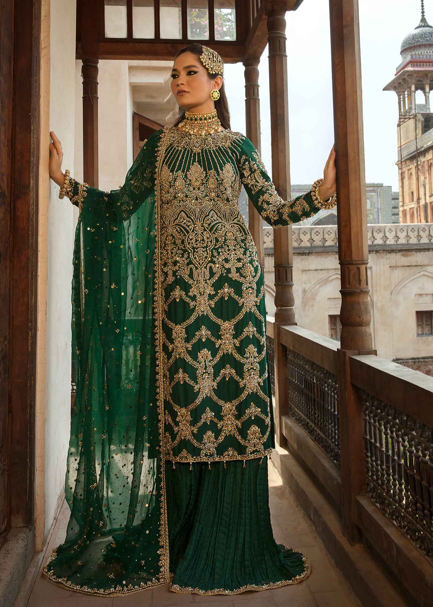 Indian Bottle Green Embellished Silk Bridal Sharara (3-Piece) - Image 2