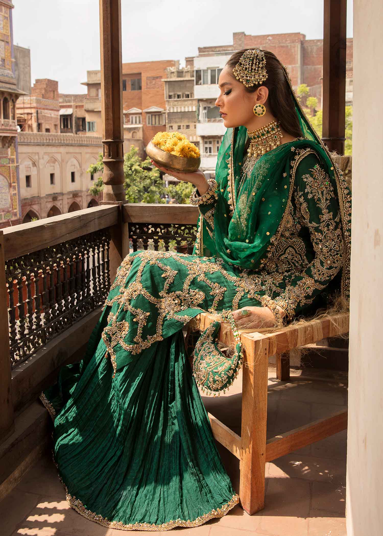 Indian Bottle Green Embellished Silk Bridal Sharara (3-Piece) - Image 4