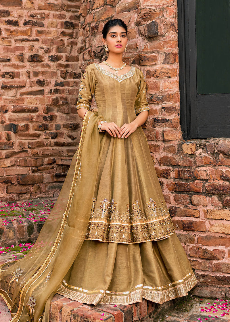 Mehndi Green Embroidered Korean Rawsilk Peshwas Sharara (3-Piece) - Image 1