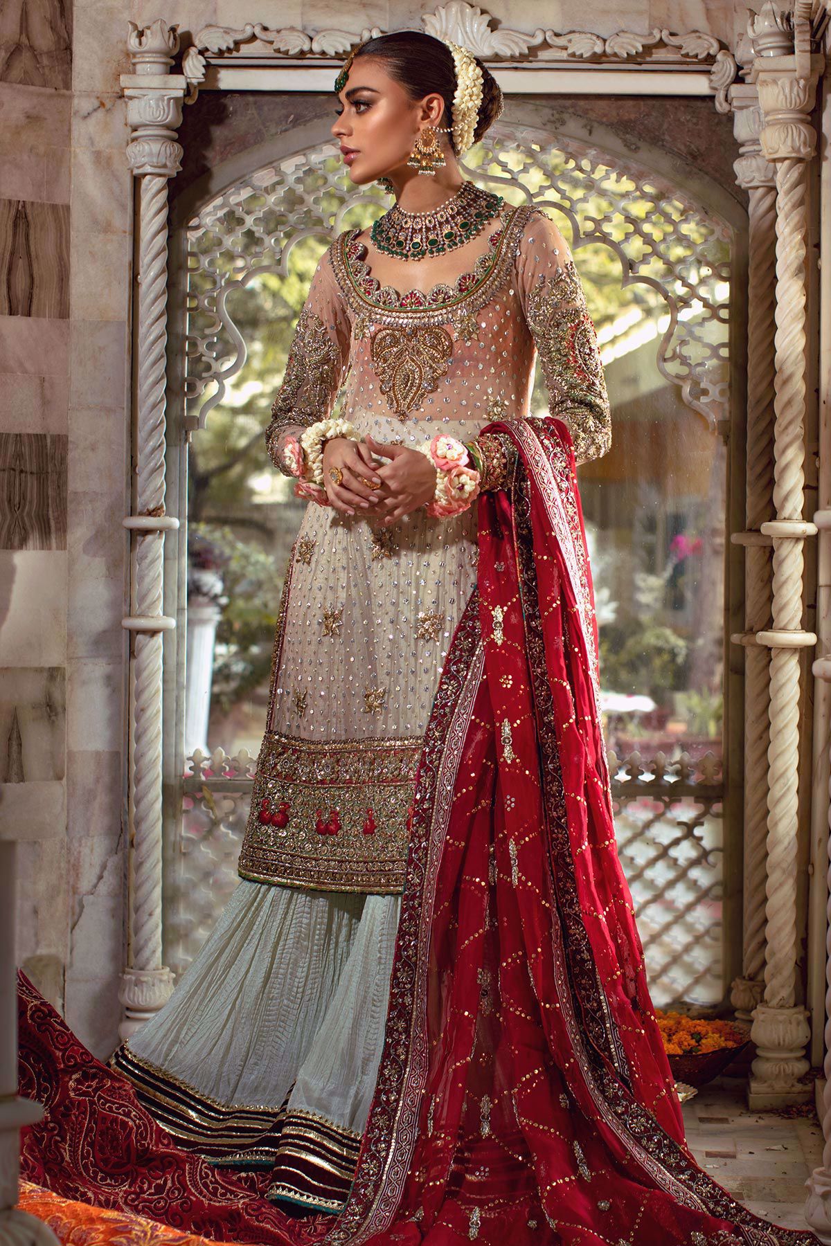 Pakistani Mint Green Antique Dabka Silk Sharara (3-Piece) - Image 1