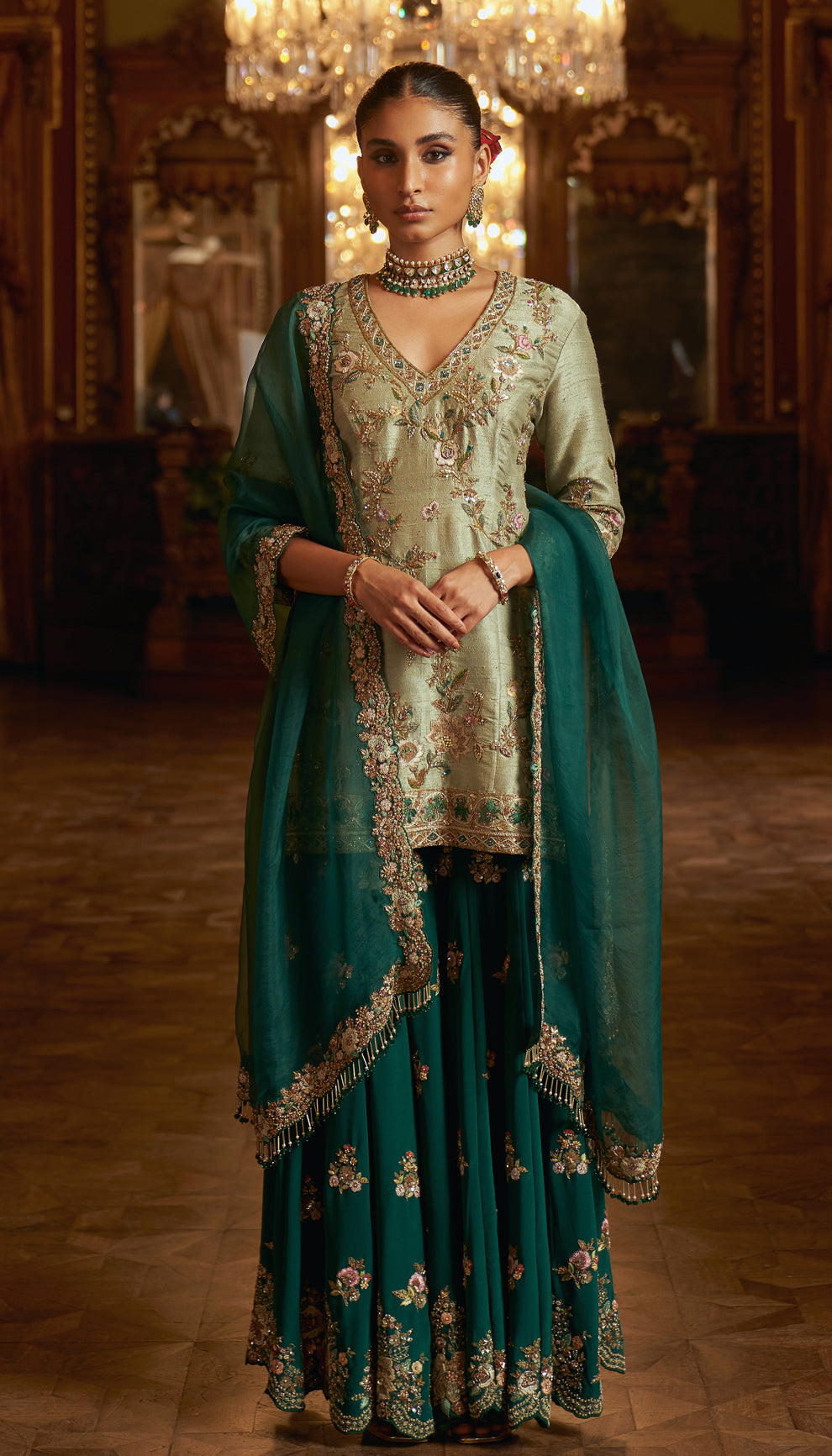 Fennel Green Peeta Embroidered Silk-Blend Sharara (3-Piece) - Image 1