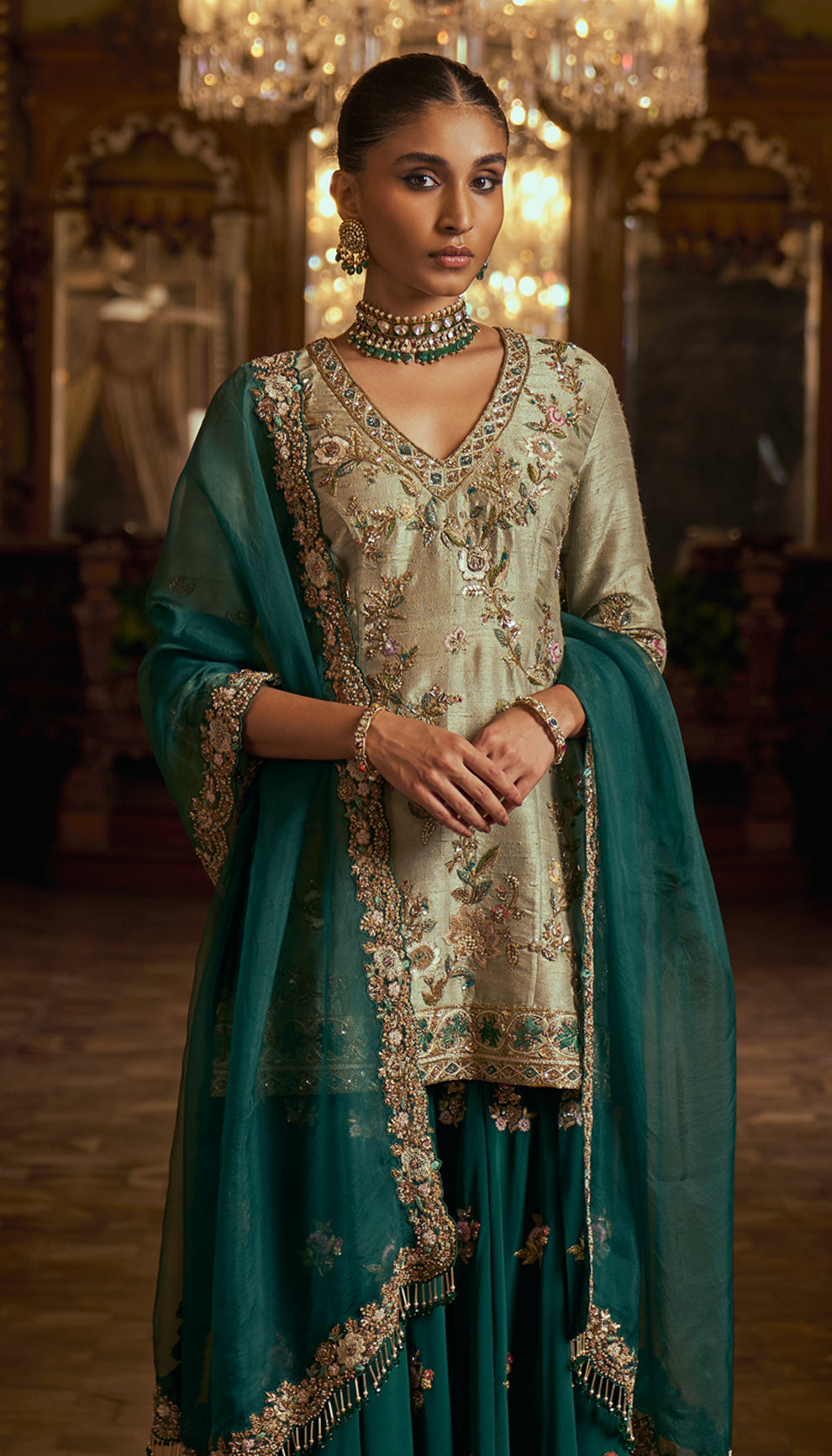 Indian Fennel Green Embroidered Silk-Blend Sharara (3-Piece) - Image 2