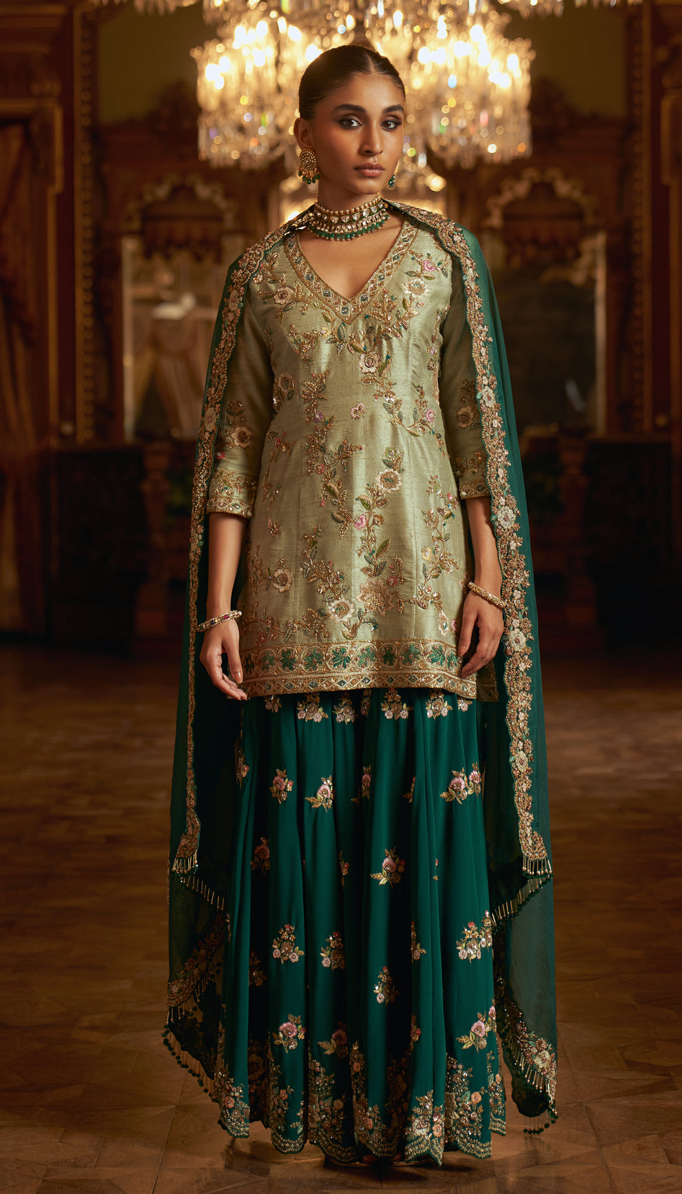 Indian Fennel Green Embroidered Silk-Blend Sharara (3-Piece) - Image 3