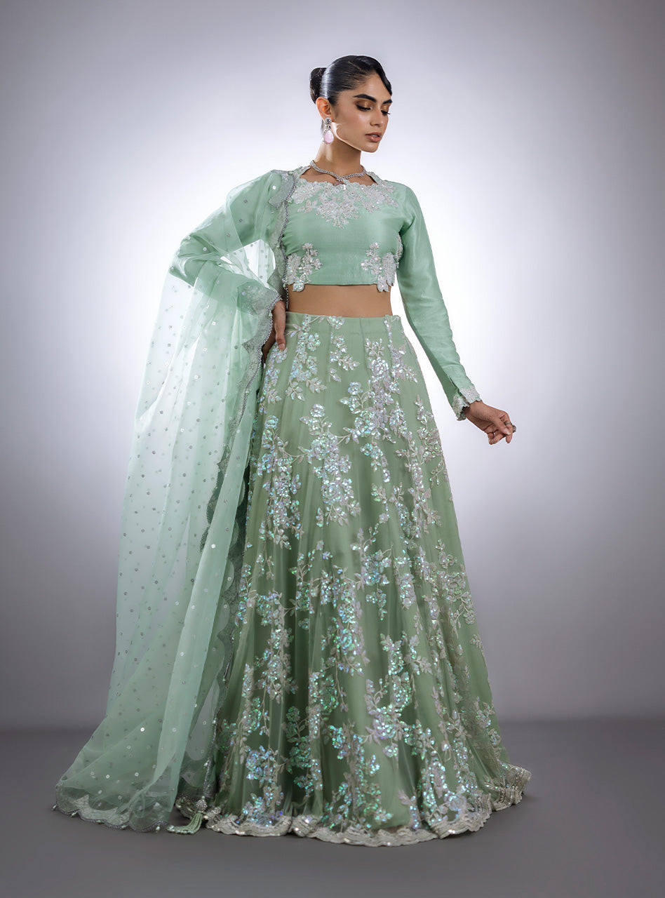 Mint Green Embroidered Silk-Blend Sharara (3-Piece) - Image 1