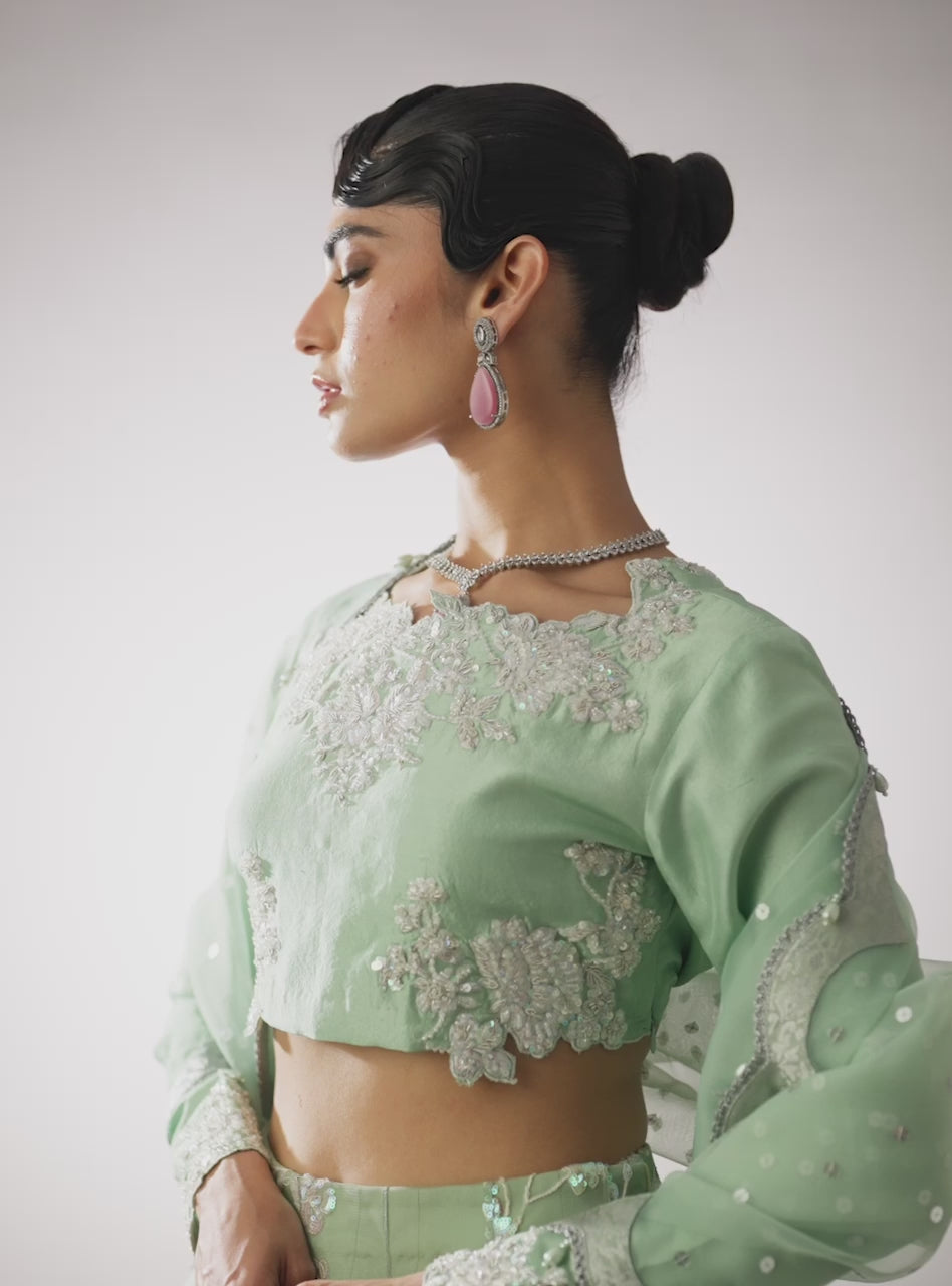 Mint Green Embroidered Silk-Blend Sharara (3-Piece) - Image 2