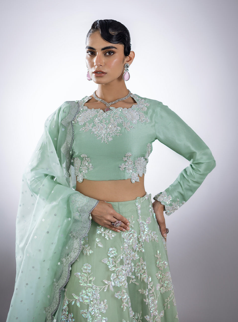 Mint Green Embroidered Silk-Blend Sharara (3-Piece) - Image 3