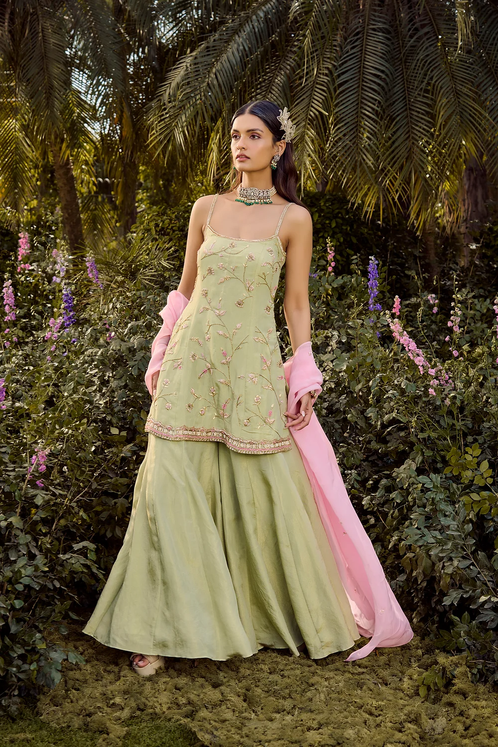 Sage Green Embroidered Silk-Blend Sharara (3-Piece) - Image 1