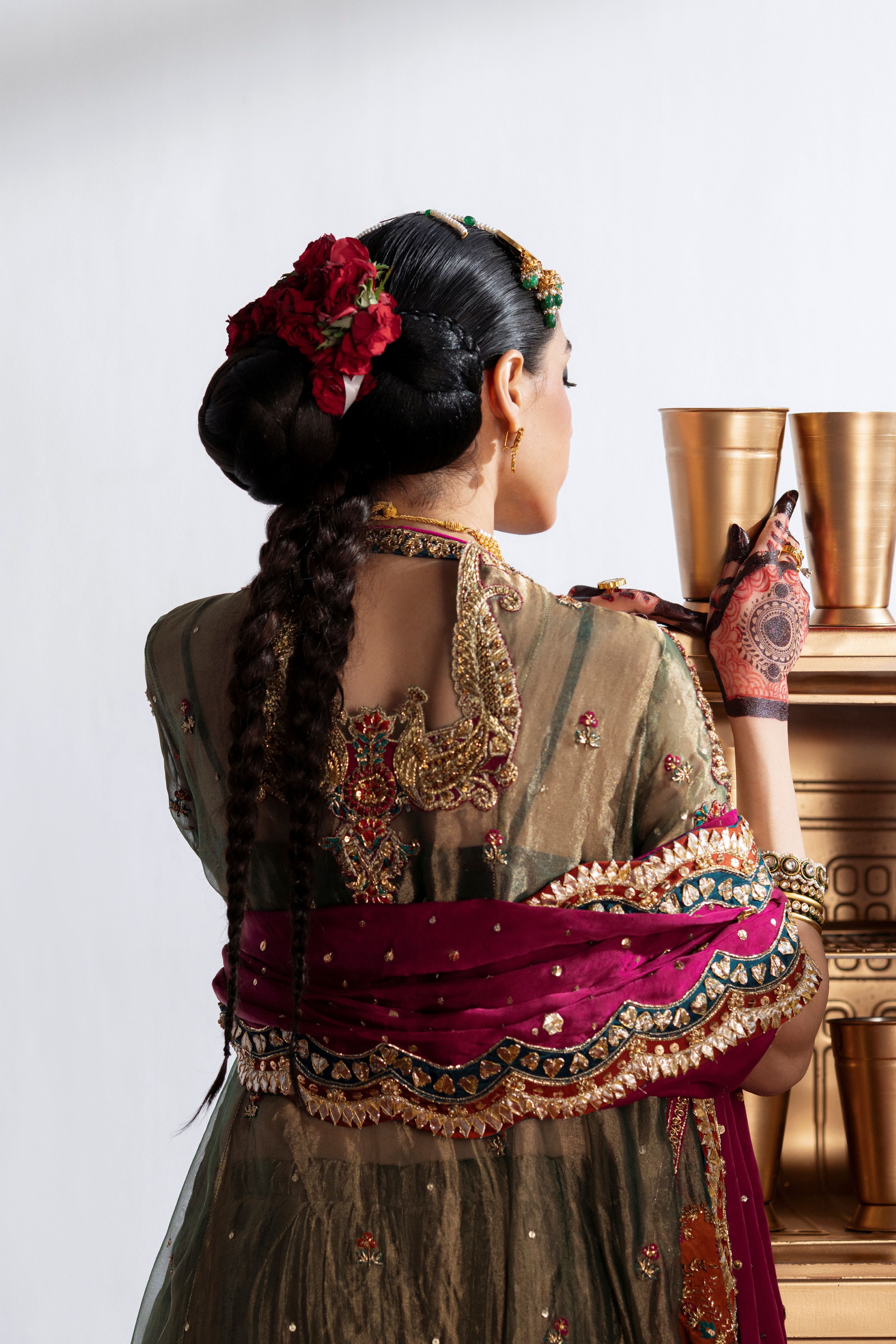 Pakistani Olive Zardozi Silk-Blend Sharara (3-Piece) - Image 1