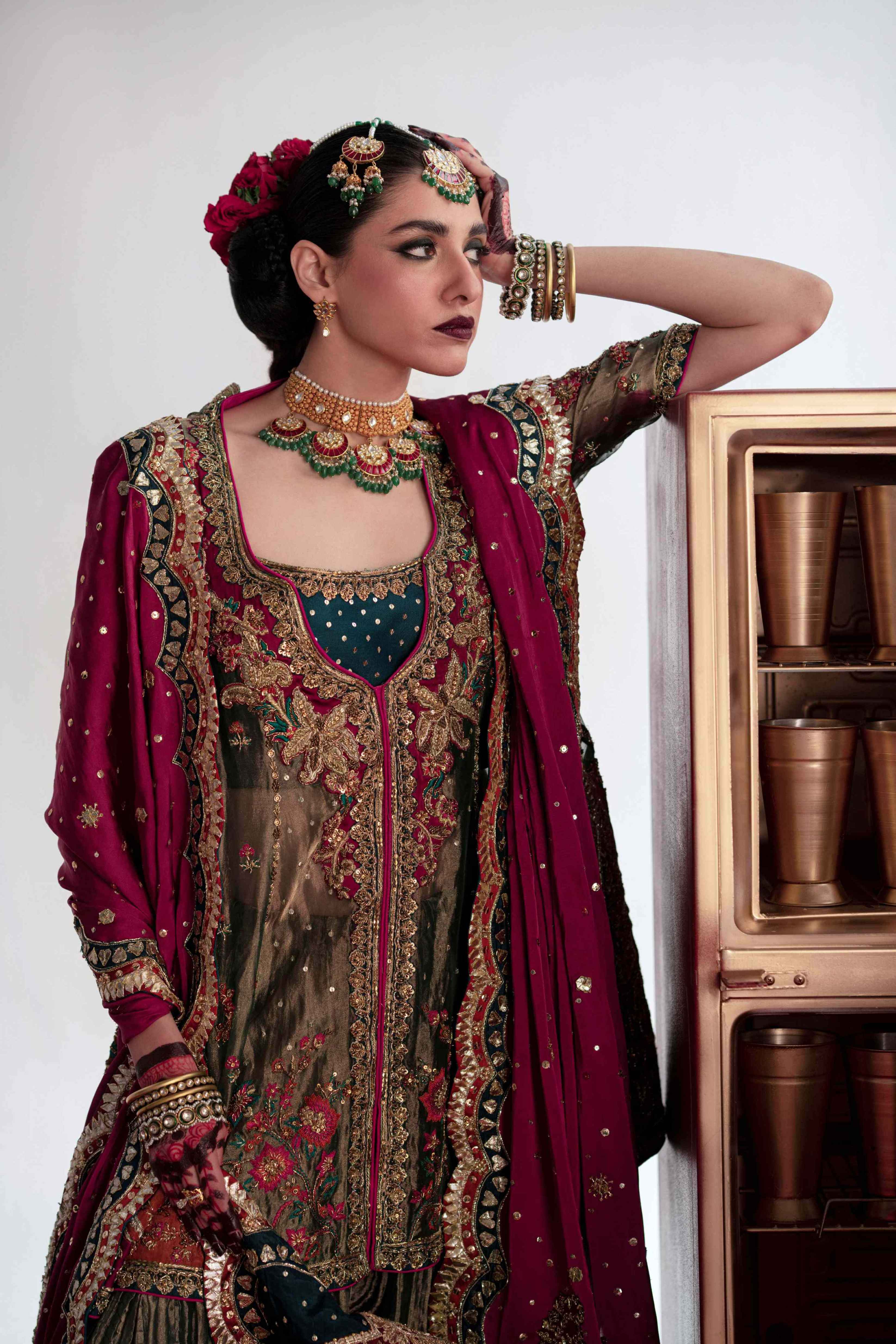 Pakistani Olive Zardozi Silk-Blend Sharara (3-Piece) - Image 2