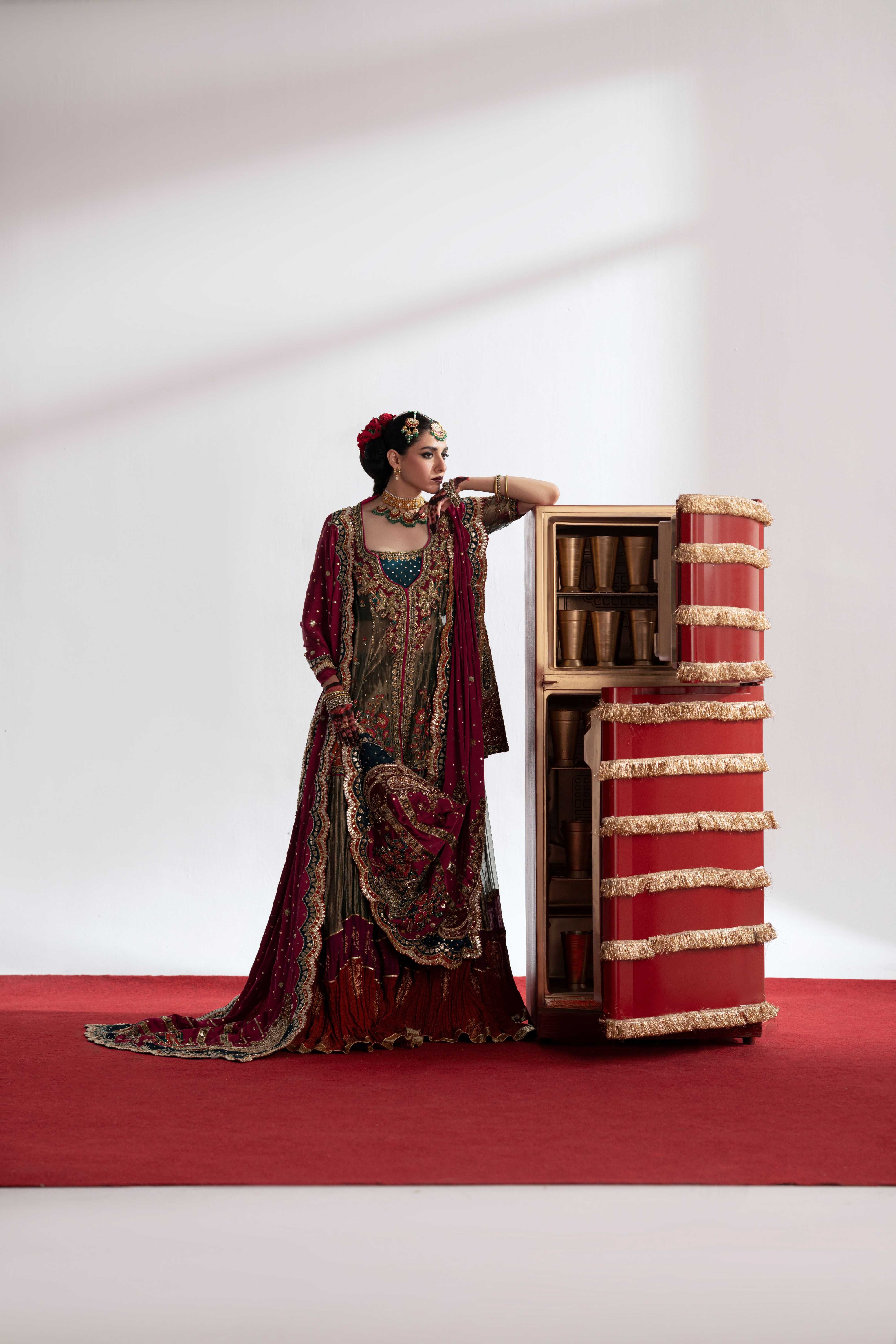 Pakistani Olive Zardozi Silk-Blend Sharara (3-Piece) - Image 4