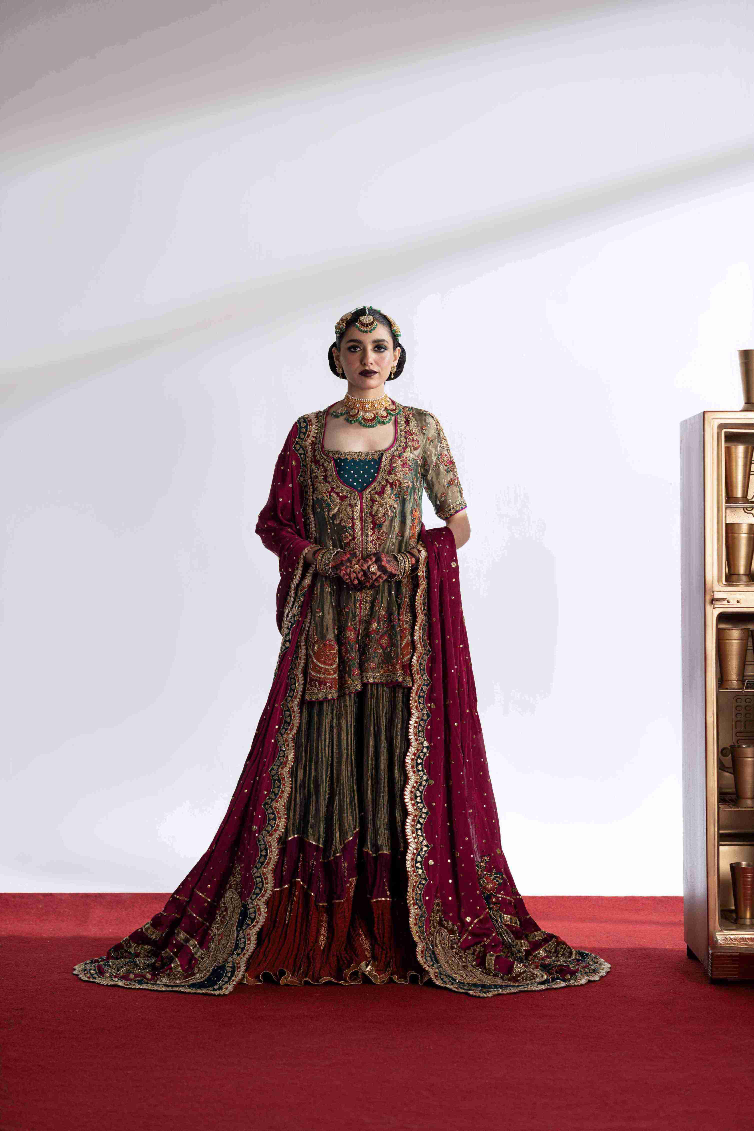 Pakistani Olive Zardozi Silk-Blend Sharara (3-Piece) - Image 5