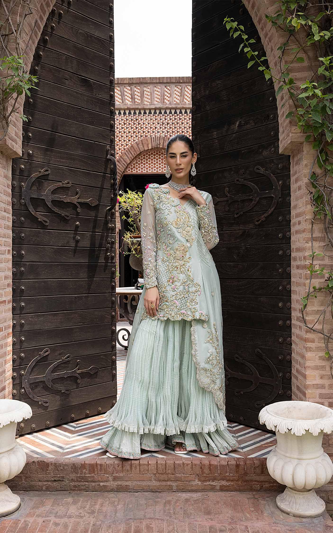 Pakistani Pistachio Green Embroidered Silk Blend Sharara (2-Piece) - Image 1