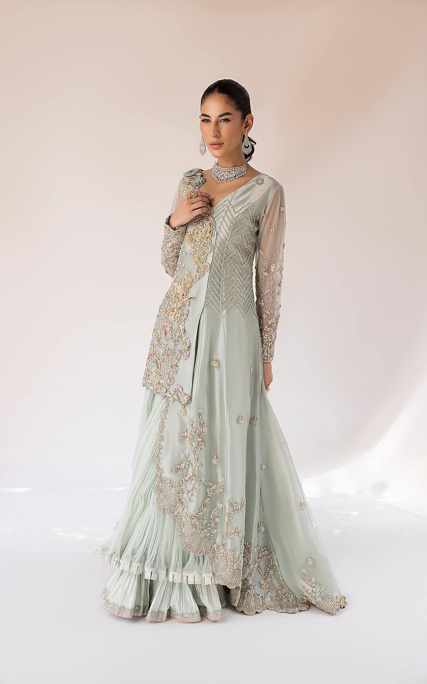 Pakistani Pistachio Green Embroidered Silk Blend Sharara (2-Piece) - Image 10