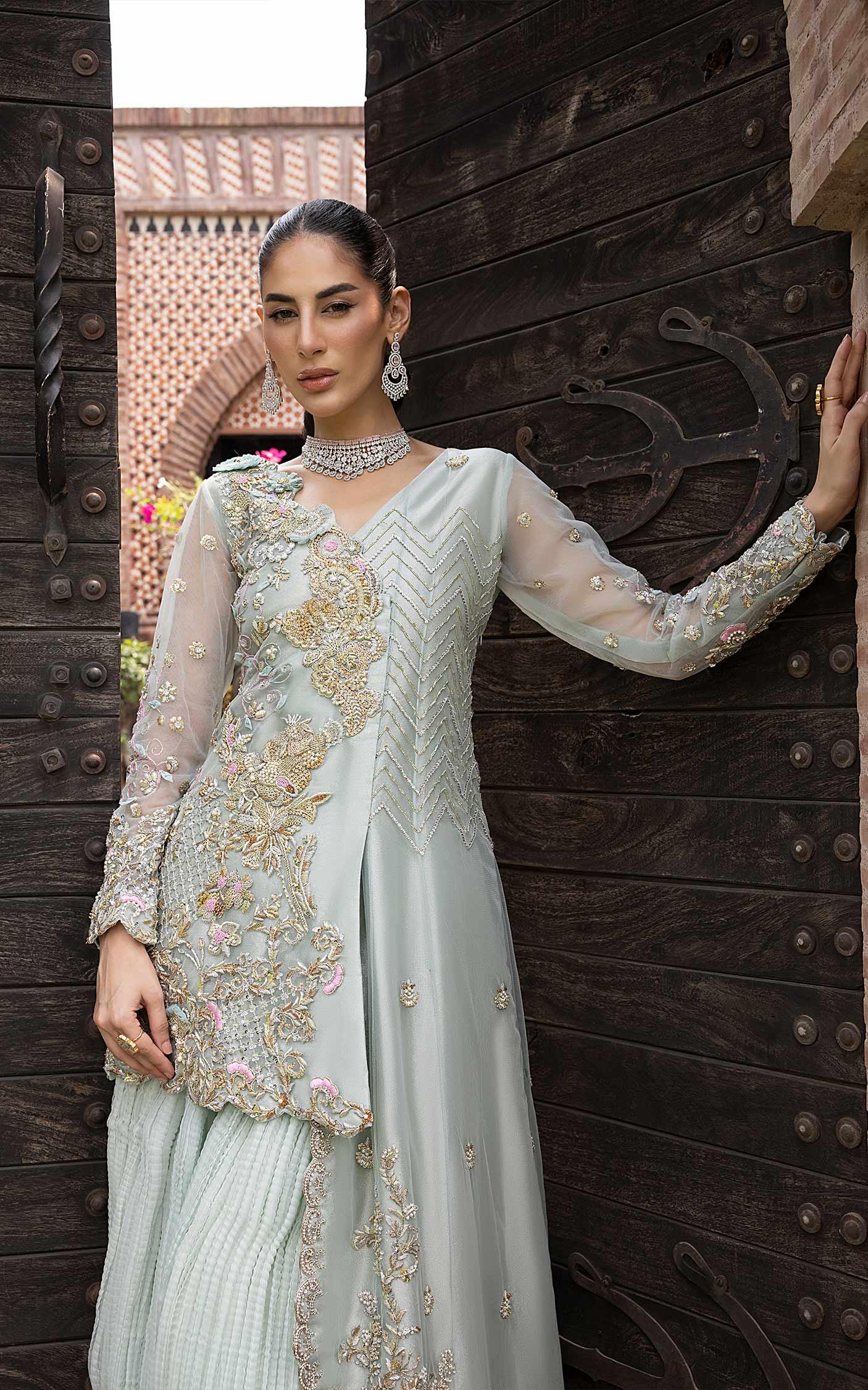 Pakistani Pistachio Green Embroidered Silk Blend Sharara (2-Piece) - Image 5