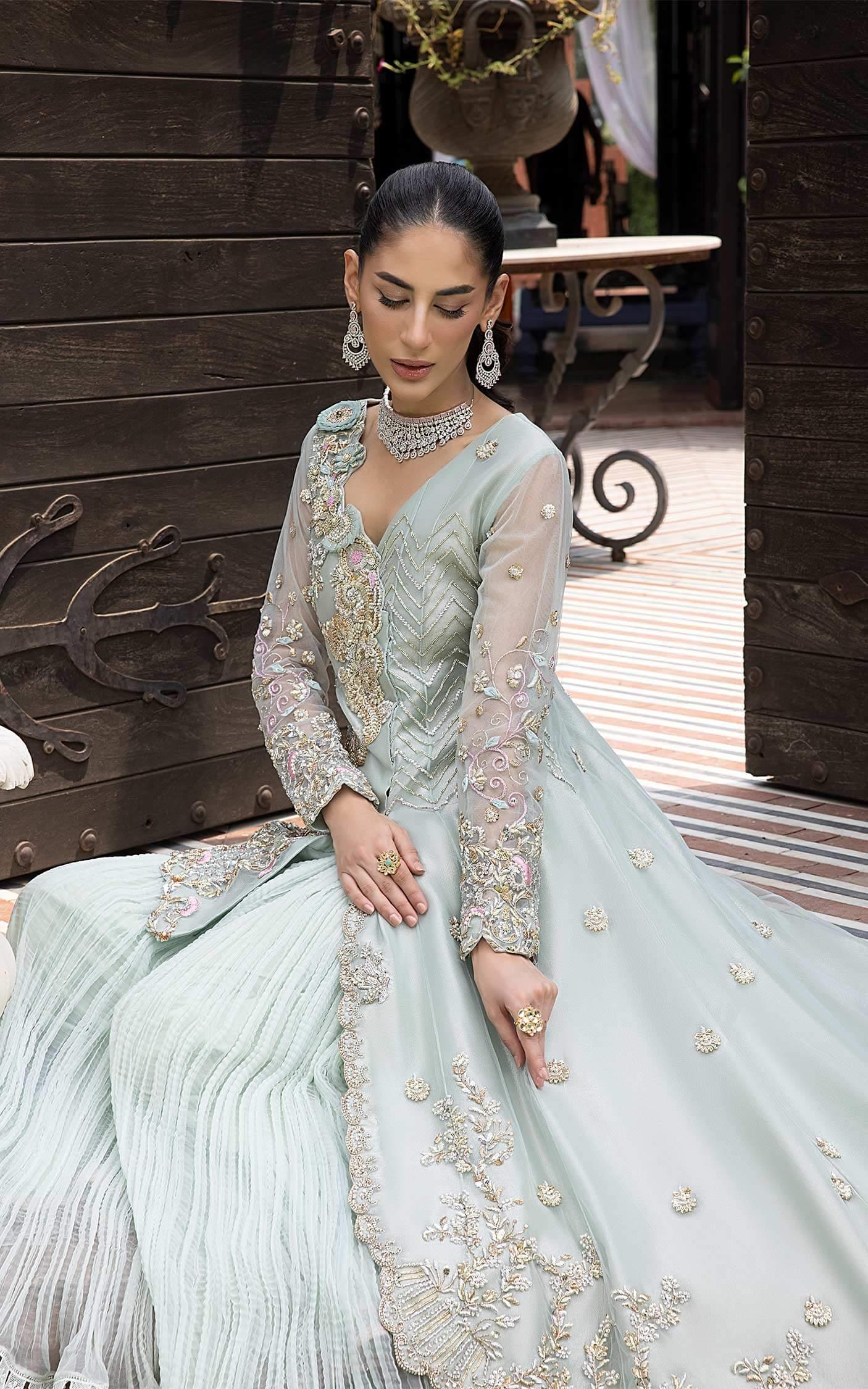 Pakistani Pistachio Green Embroidered Silk Blend Sharara (2-Piece) - Image 6