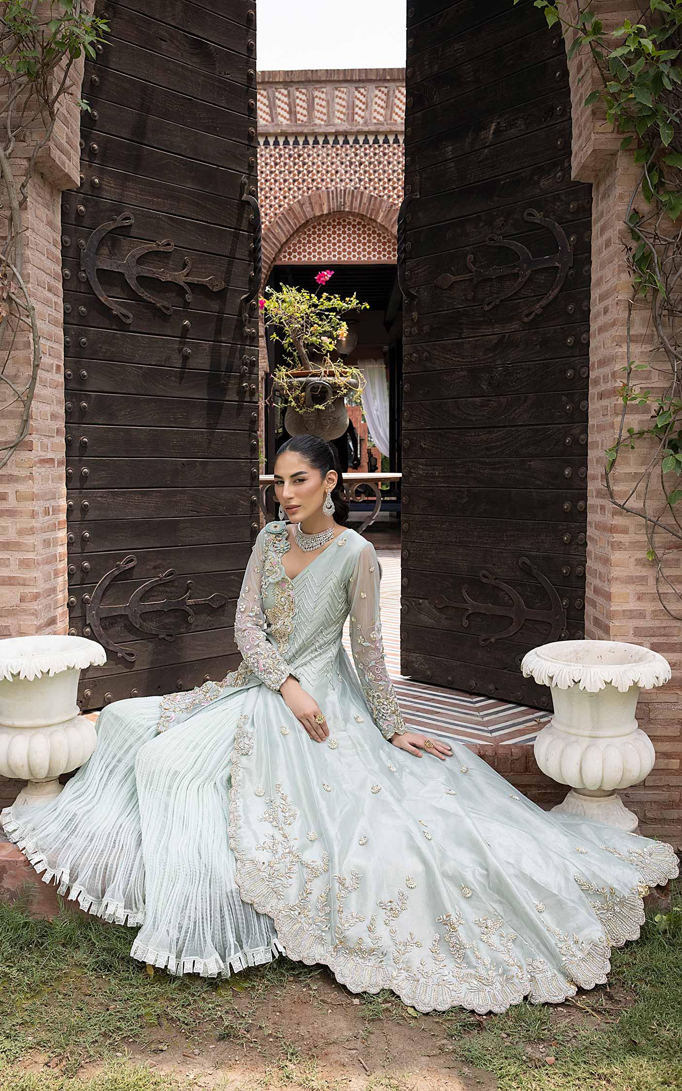 Pakistani Pistachio Green Embroidered Silk Blend Sharara (2-Piece) - Image 7