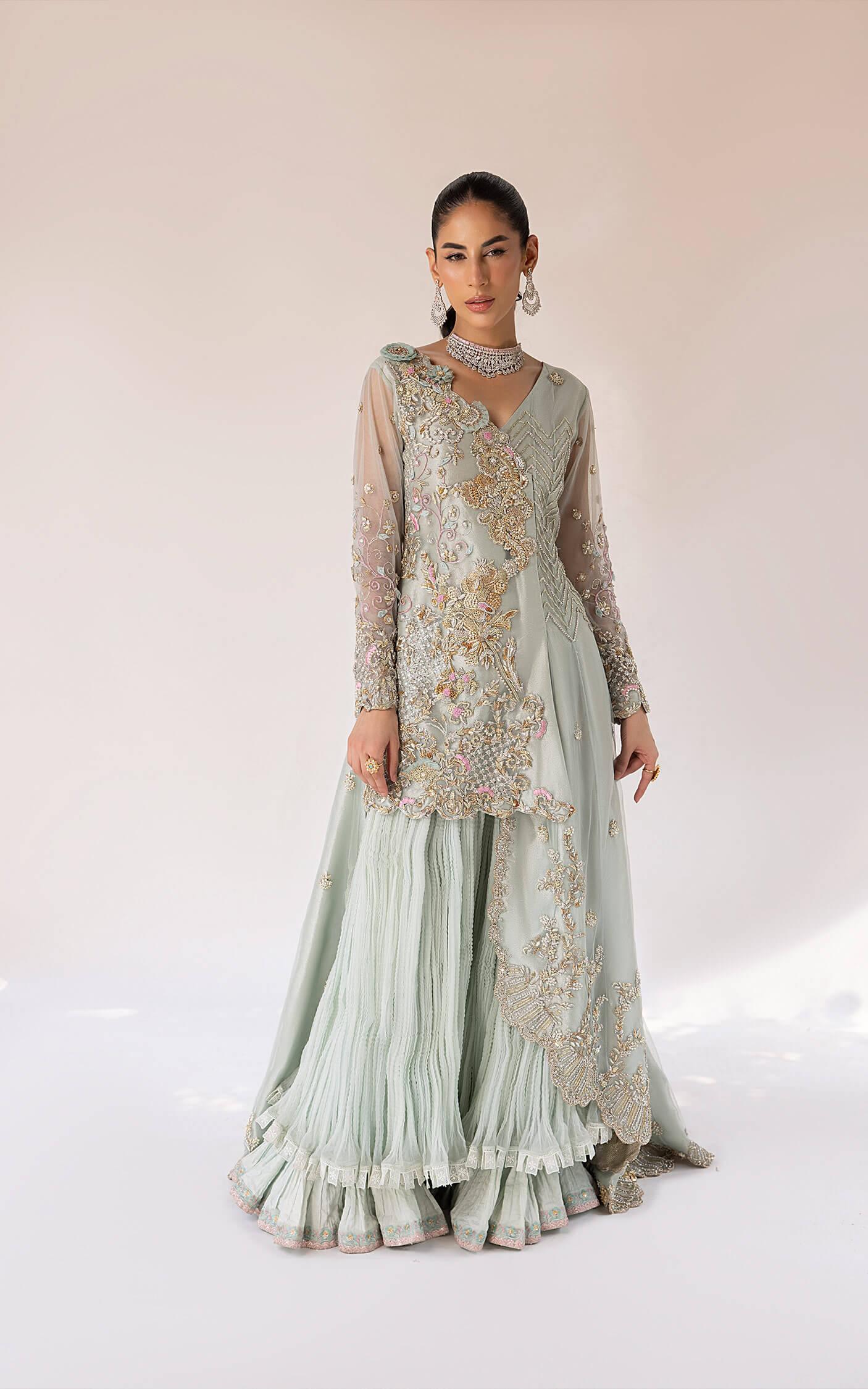 Pakistani Pistachio Green Embroidered Silk Blend Sharara (2-Piece) - Image 8