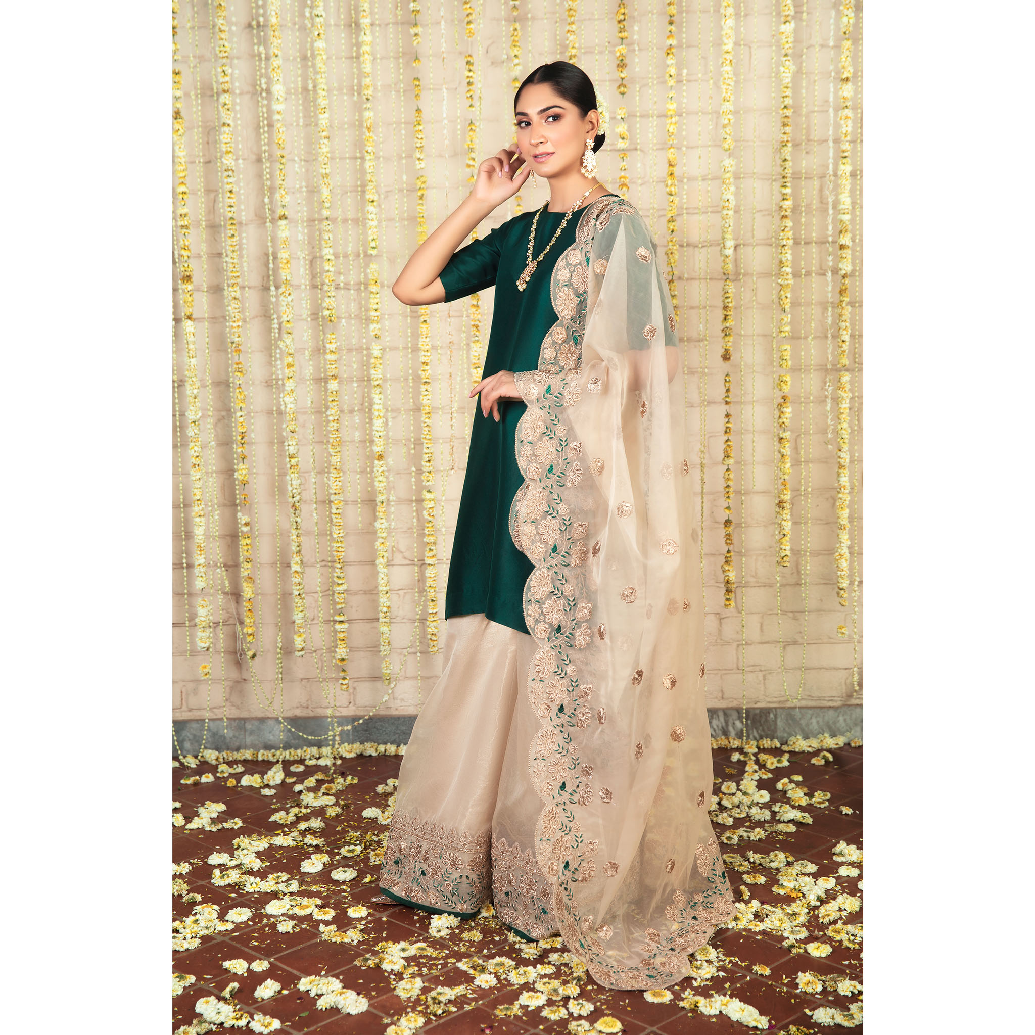 Pakistani Jade Embroidered Pure Silk Sharara Set (3-Piece) - Image 1