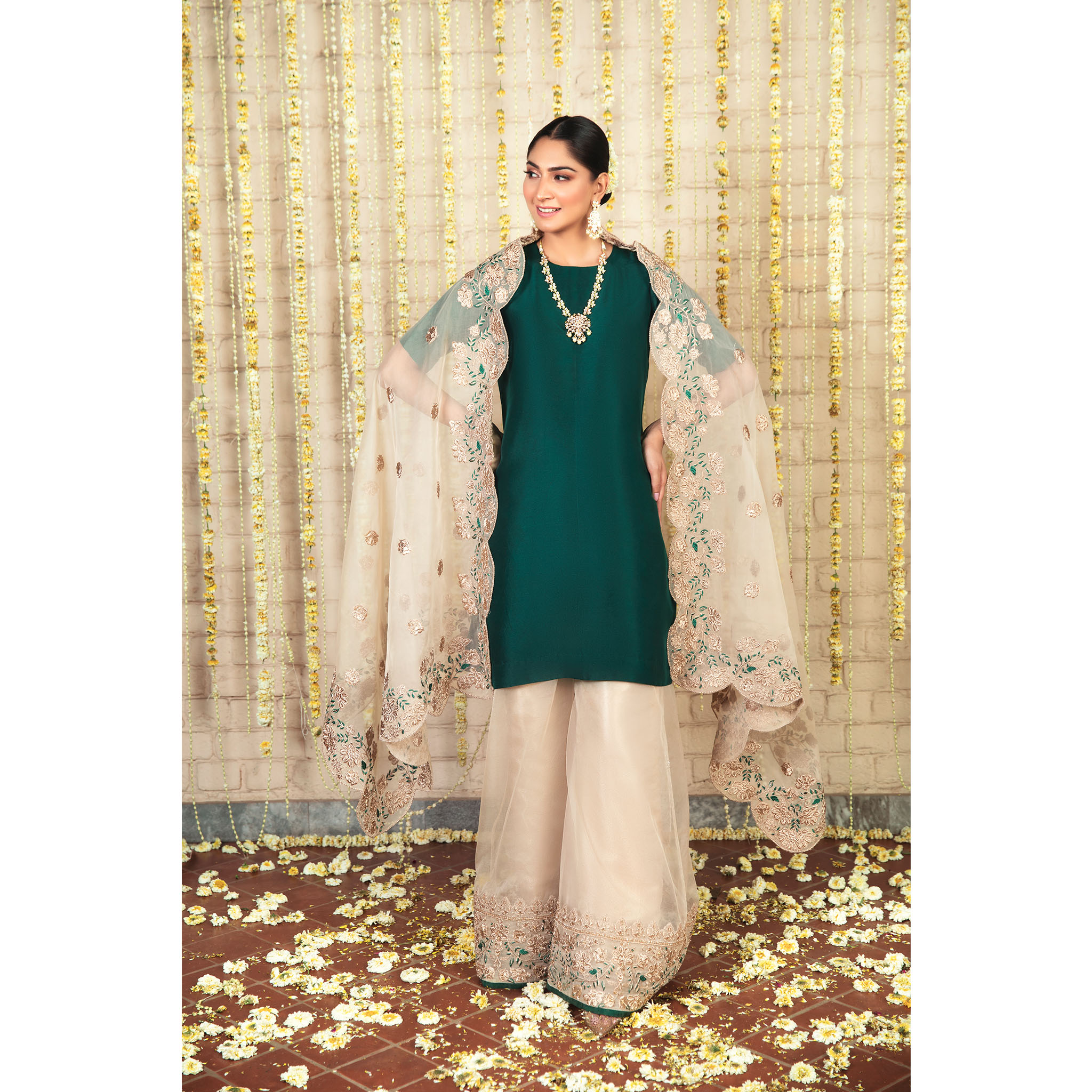 Pakistani Jade Embroidered Pure Silk Sharara Set (3-Piece) - Image 2