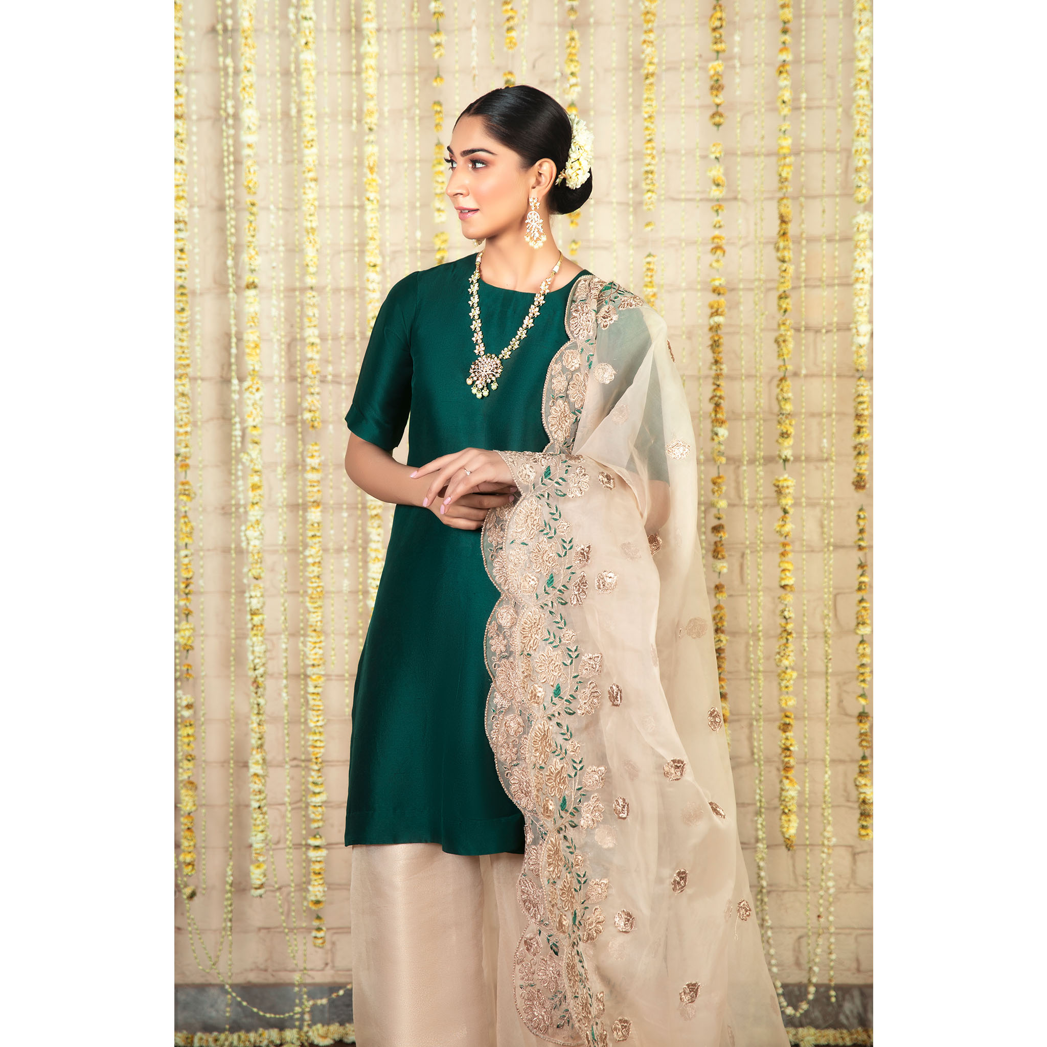 Pakistani Jade Embroidered Pure Silk Sharara Set (3-Piece) - Image 3