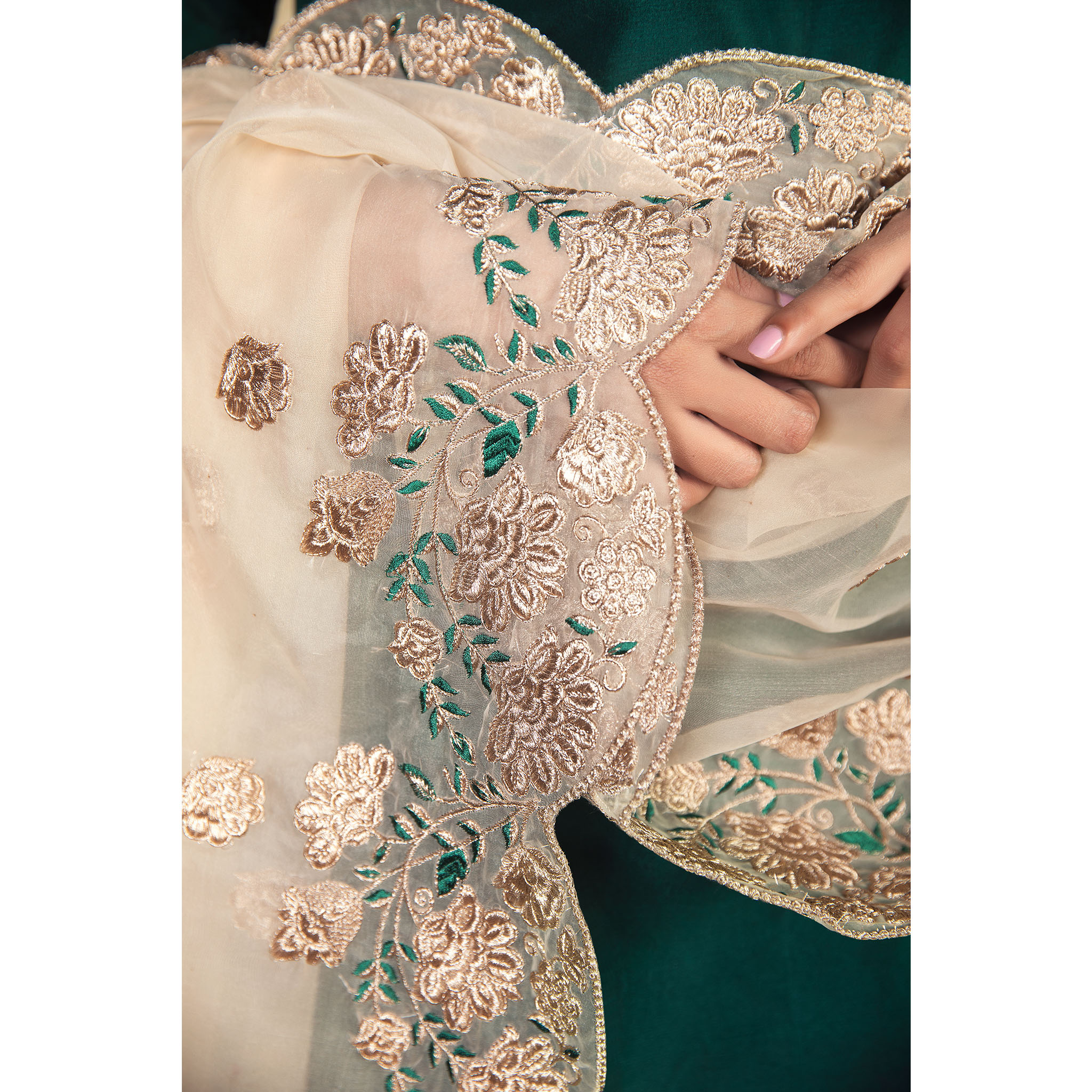 Pakistani Jade Embroidered Pure Silk Sharara Set (3-Piece) - Image 4