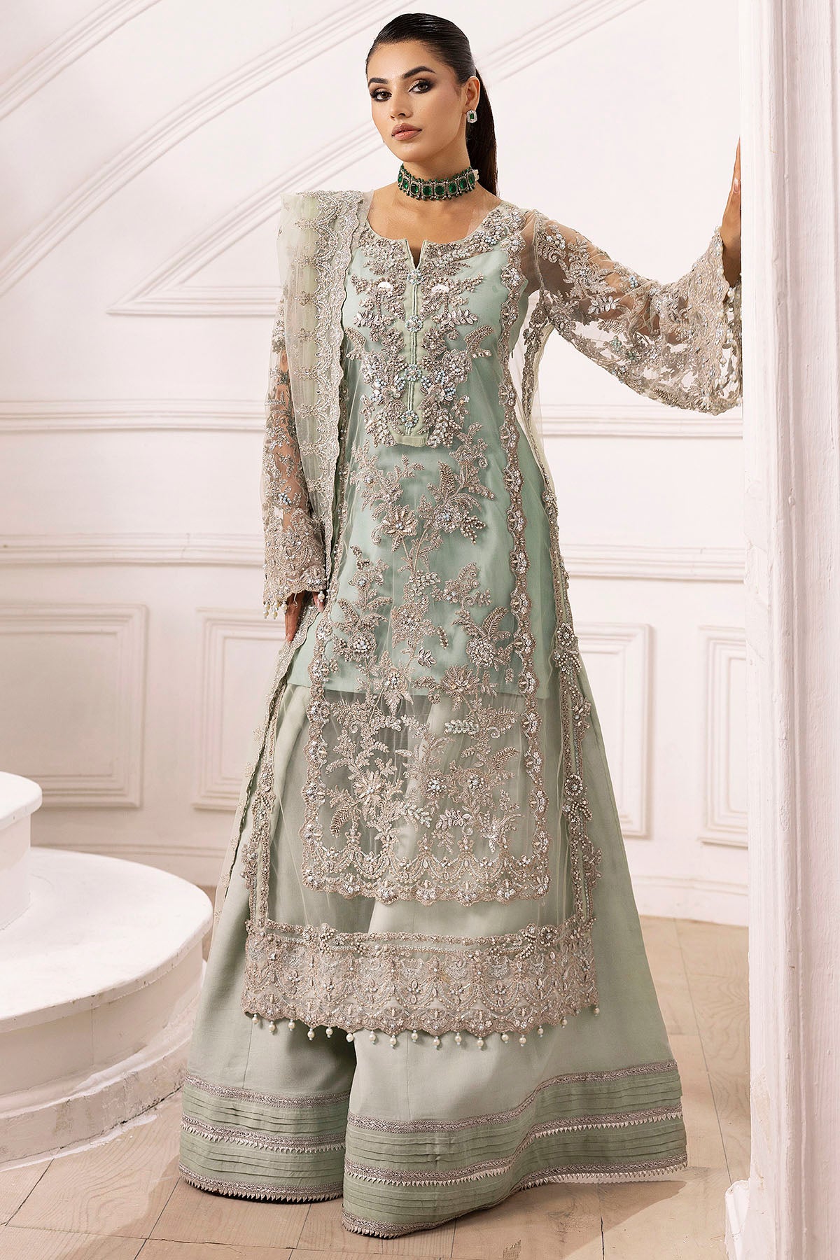 Pistachio Hand-Embellished Silk Net Sharara (3-Piece) - Image 1