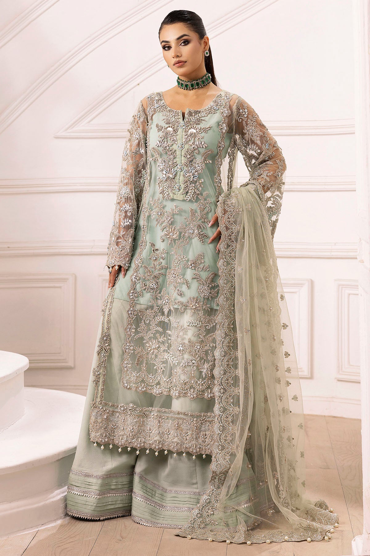 Pistachio Hand-Embellished Silk Net Sharara (3-Piece) - Image 2