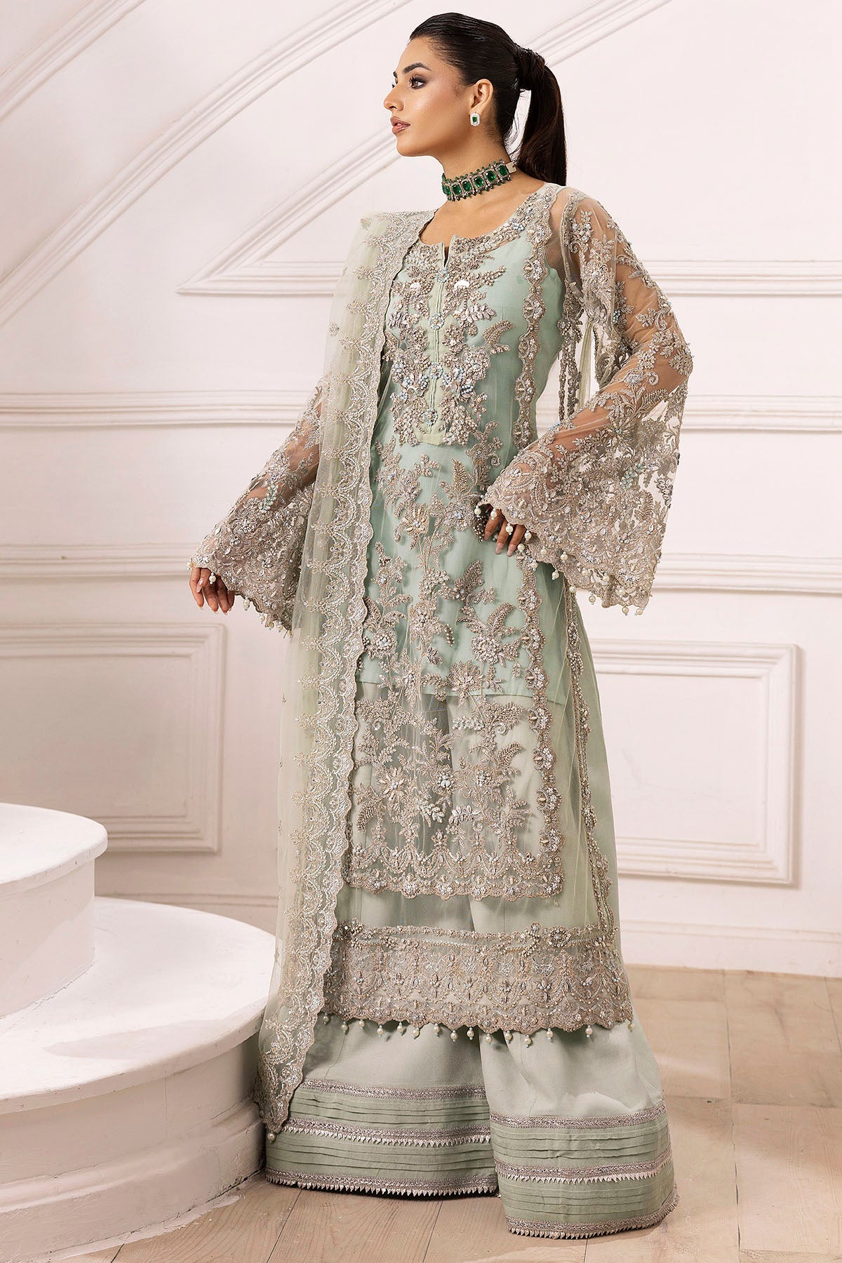 Pistachio Hand-Embellished Silk Net Sharara (3-Piece) - Image 3