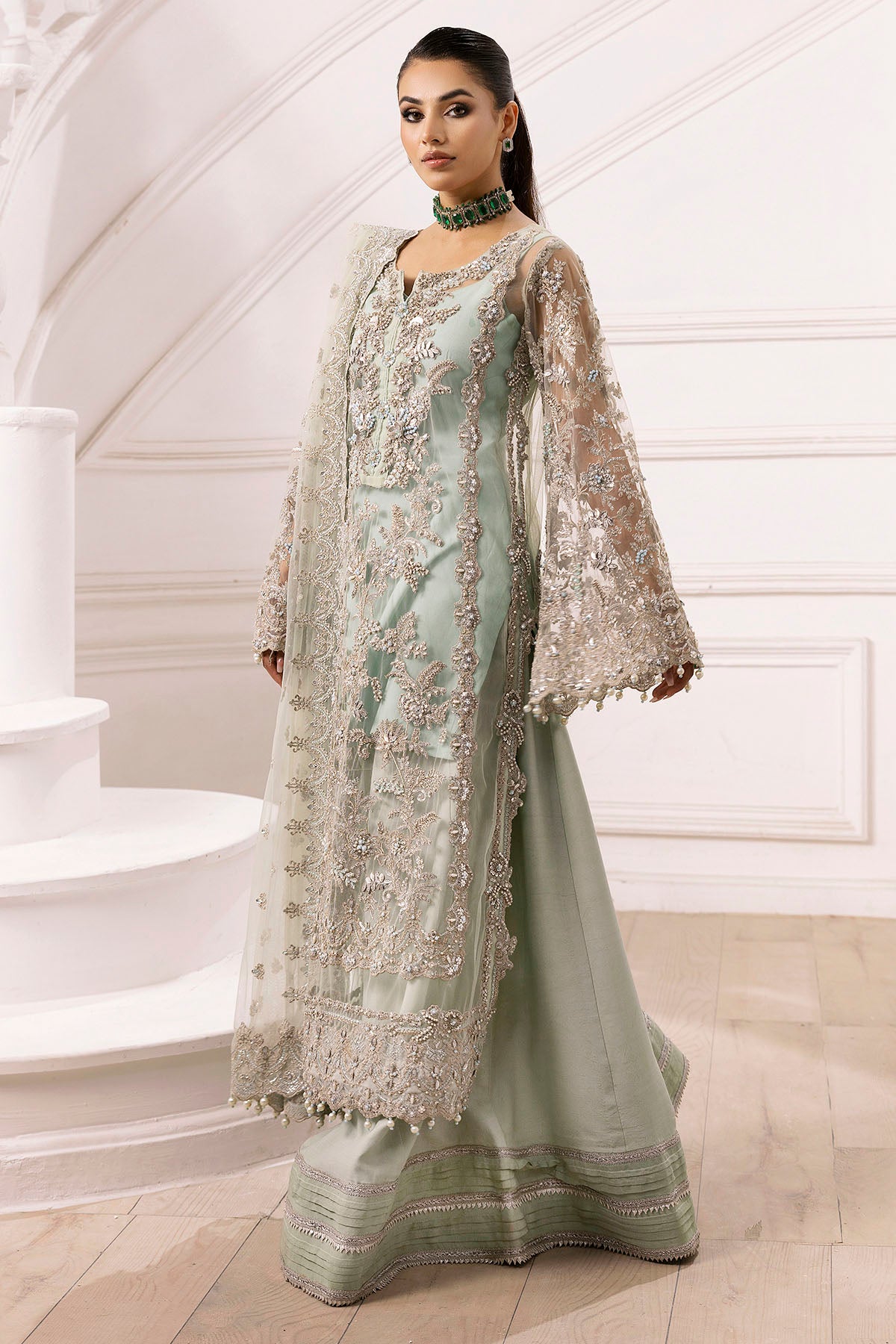Pistachio Hand-Embellished Silk Net Sharara (3-Piece) - Image 4