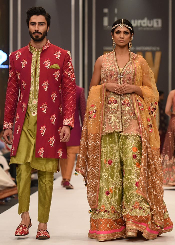Olive Green & Peach Embroidered Silk Bridal Sharara (3-Piece) - Image 1
