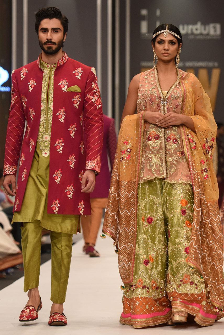 Olive Green & Peach Embroidered Silk Bridal Sharara (3-Piece) - Image 2
