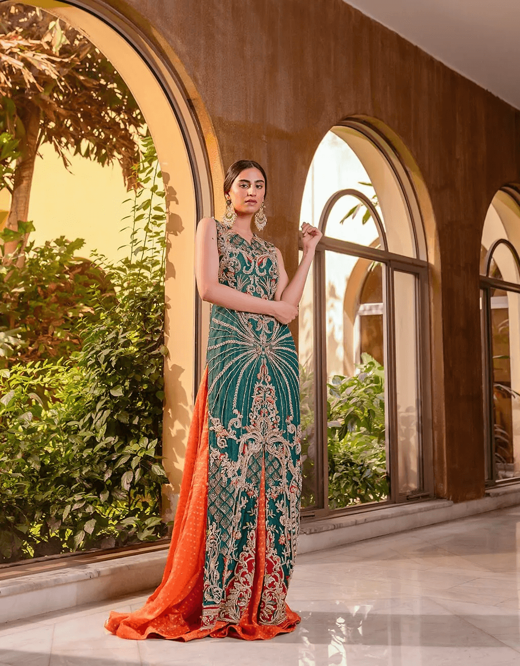 Emerald Green Embroidered Net & Silk Sharara (2-Piece) - Image 1