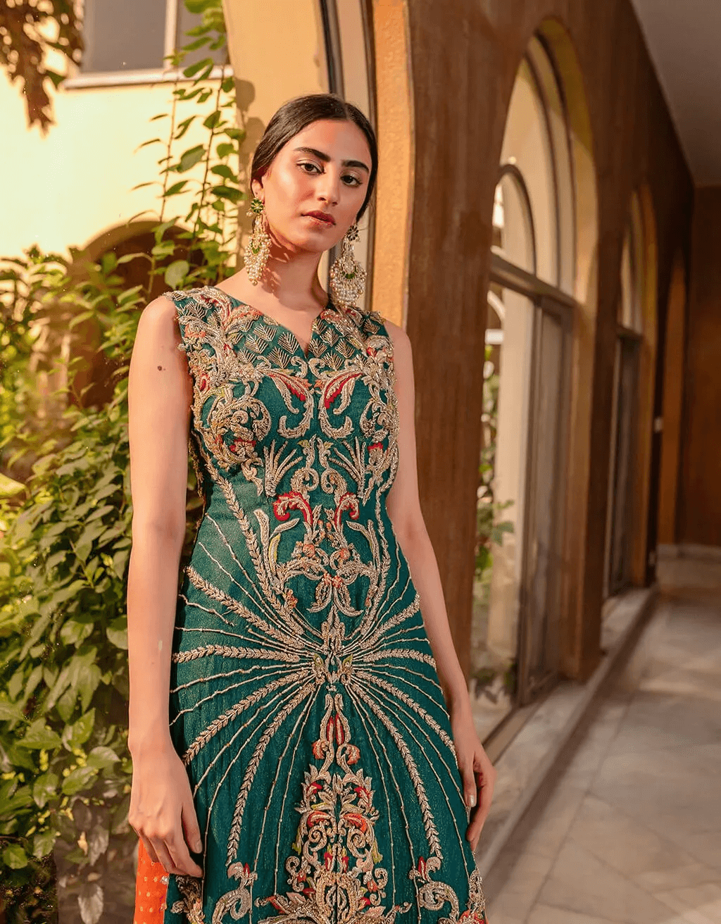 Emerald Green Embroidered Net & Silk Sharara (2-Piece) - Image 3