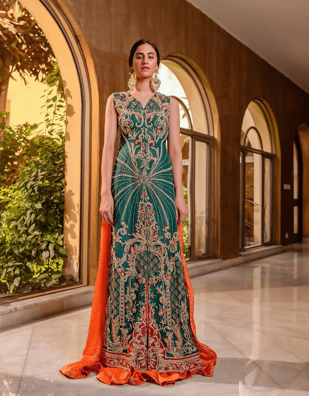 Emerald Green Embroidered Net & Silk Sharara (2-Piece) - Image 4