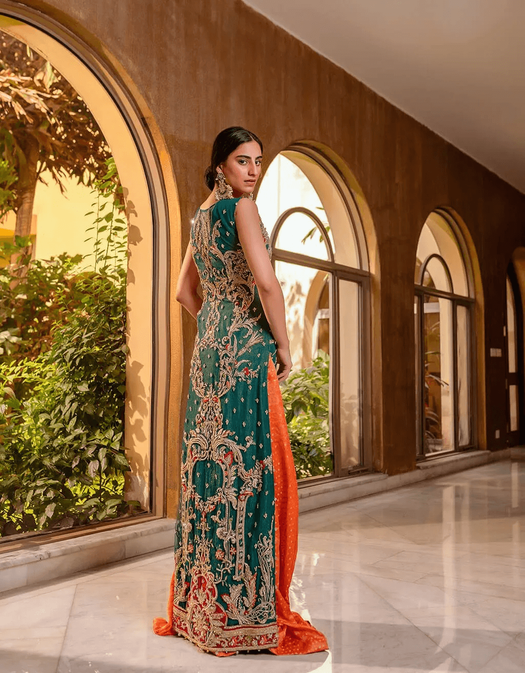 Emerald Green Embroidered Net & Silk Sharara (2-Piece) - Image 5