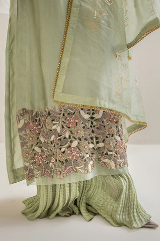 Mint Embroidered Silk Tissue Sharara (3-Piece) - Image 11
