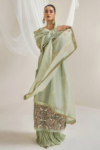 Mint Embroidered Silk Tissue Sharara (3-Piece) - Image 13