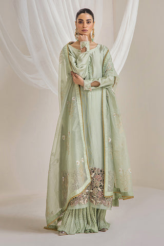 Mint Embroidered Silk Tissue Sharara (3-Piece) - Image 15