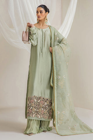 Mint Embroidered Silk Tissue Sharara (3-Piece) - Image 17