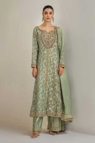 Mint Embroidered Silk Tissue Sharara (3-Piece) - Image 2