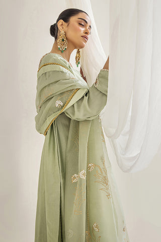 Mint Embroidered Silk Tissue Sharara (3-Piece) - Image 9