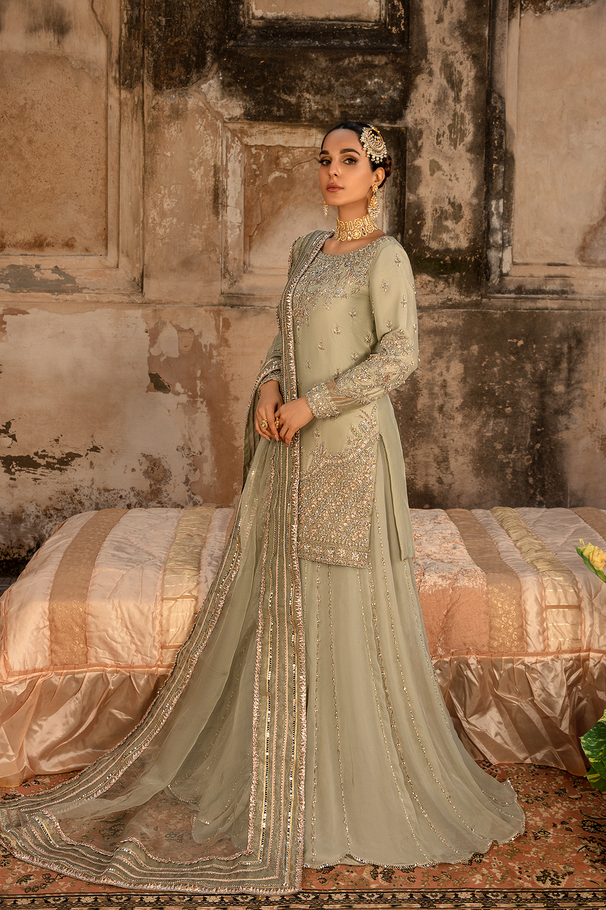 Moss Green Embellished Silk-Blend Sharara (3-Piece) - Image 2