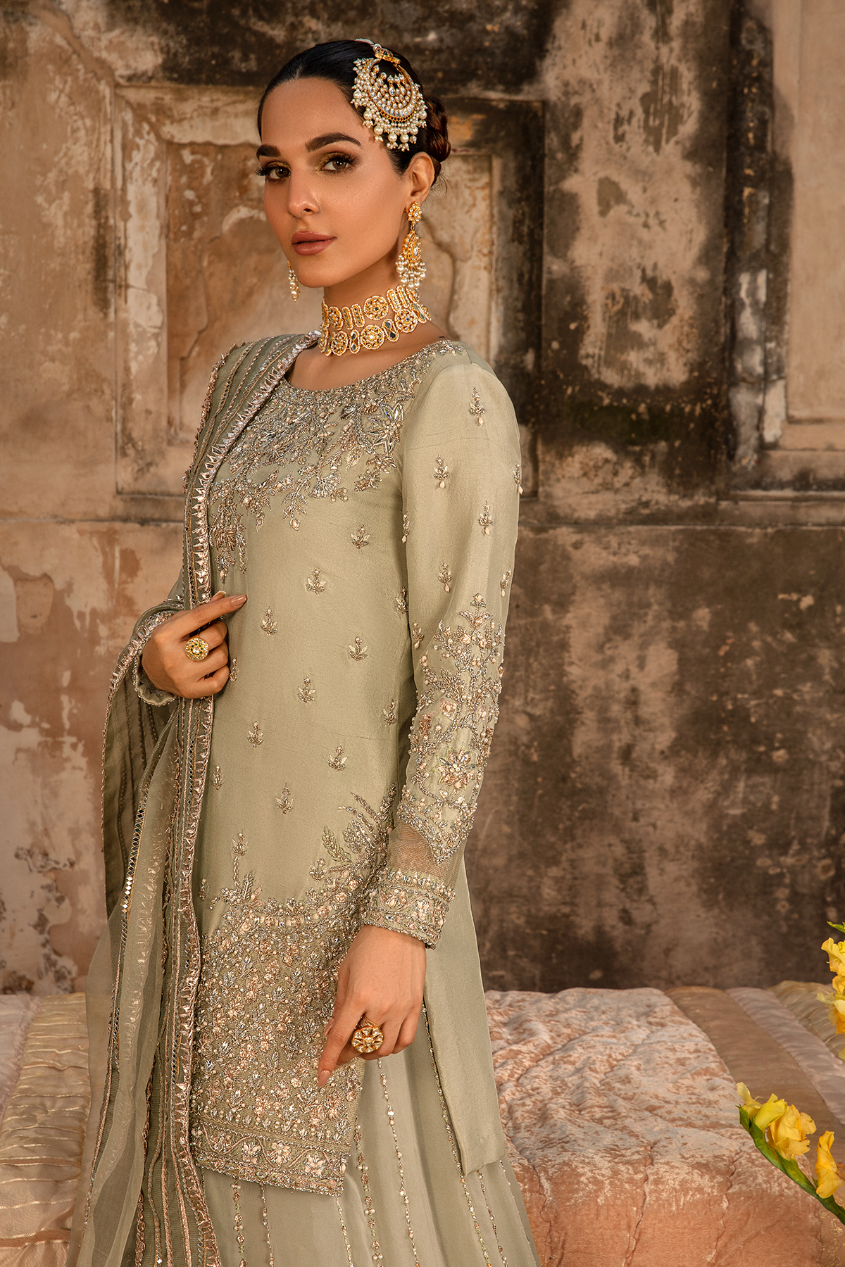 Moss Green Embellished Silk-Blend Sharara (3-Piece) - Image 3
