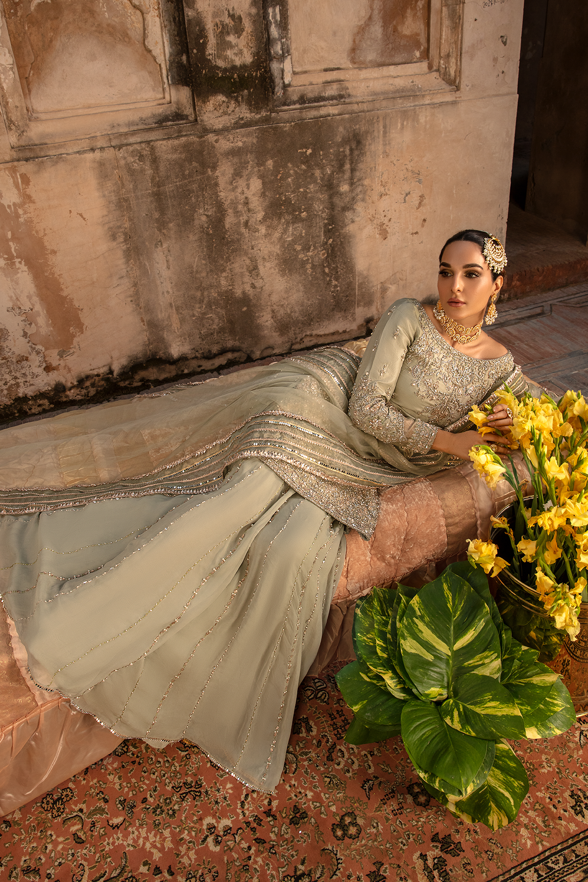 Moss Green Embellished Silk-Blend Sharara (3-Piece) - Image 5