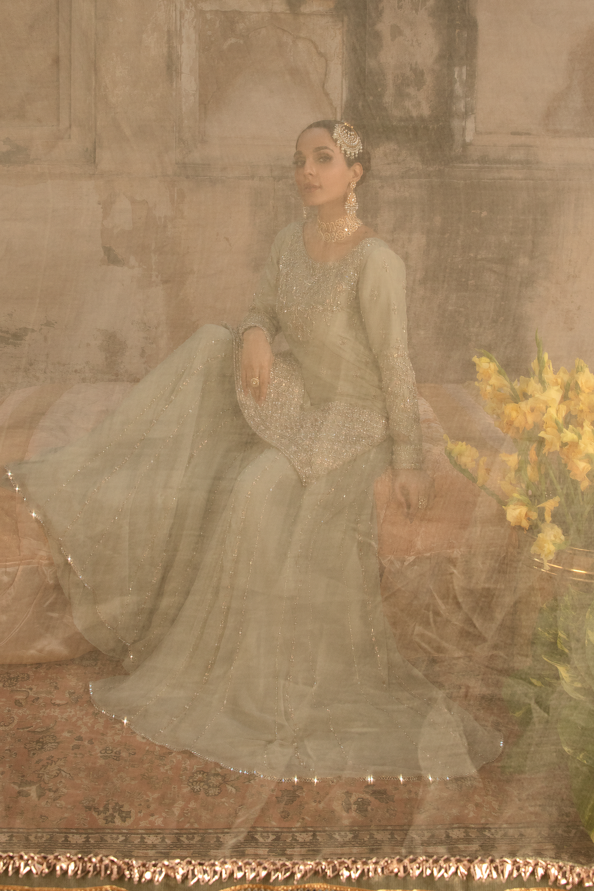 Moss Green Embellished Silk-Blend Sharara (3-Piece) - Image 7