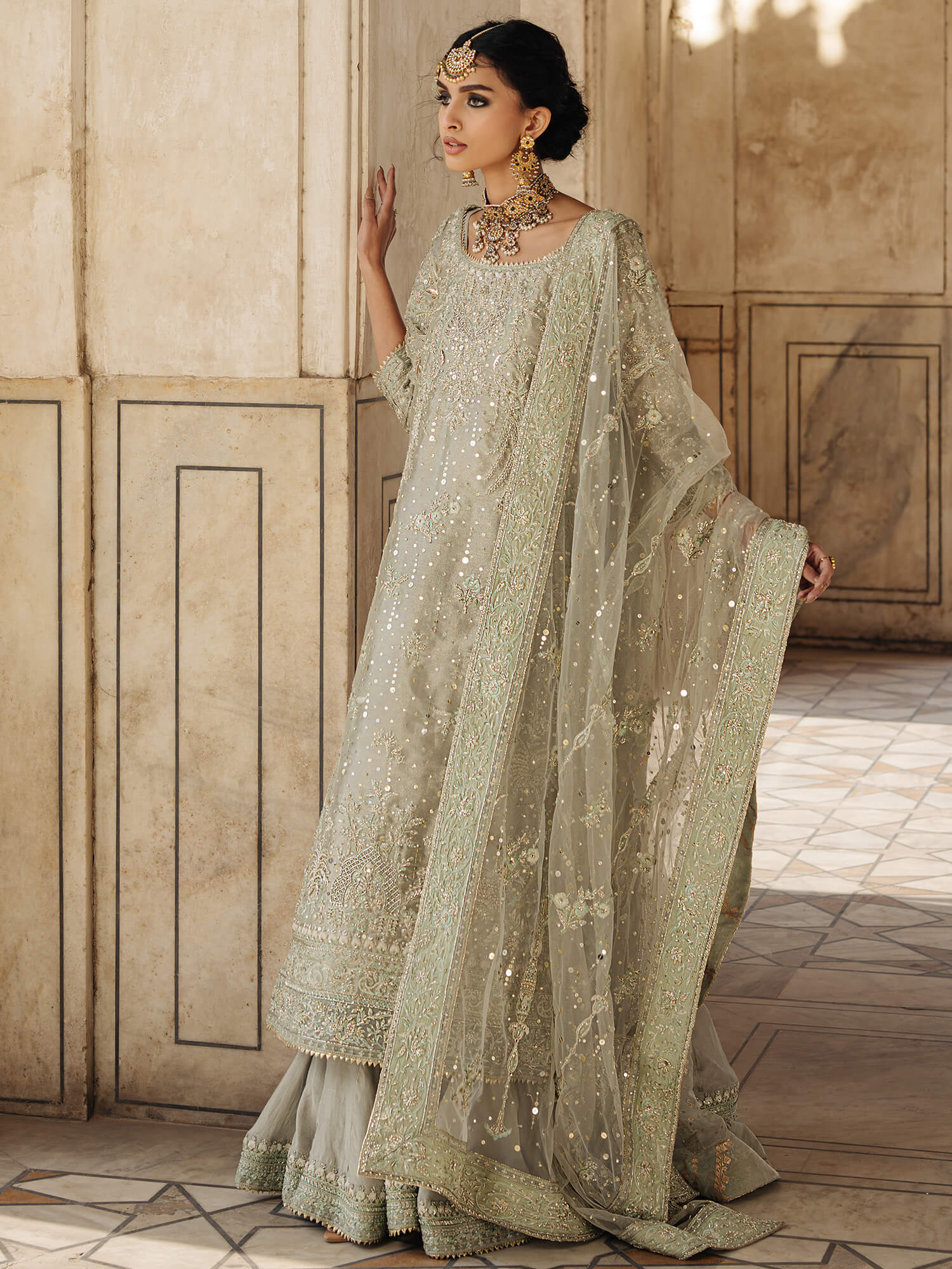 Pakistani Pistachio Zardozi Tissue Sharara (3-Piece) - Image 1