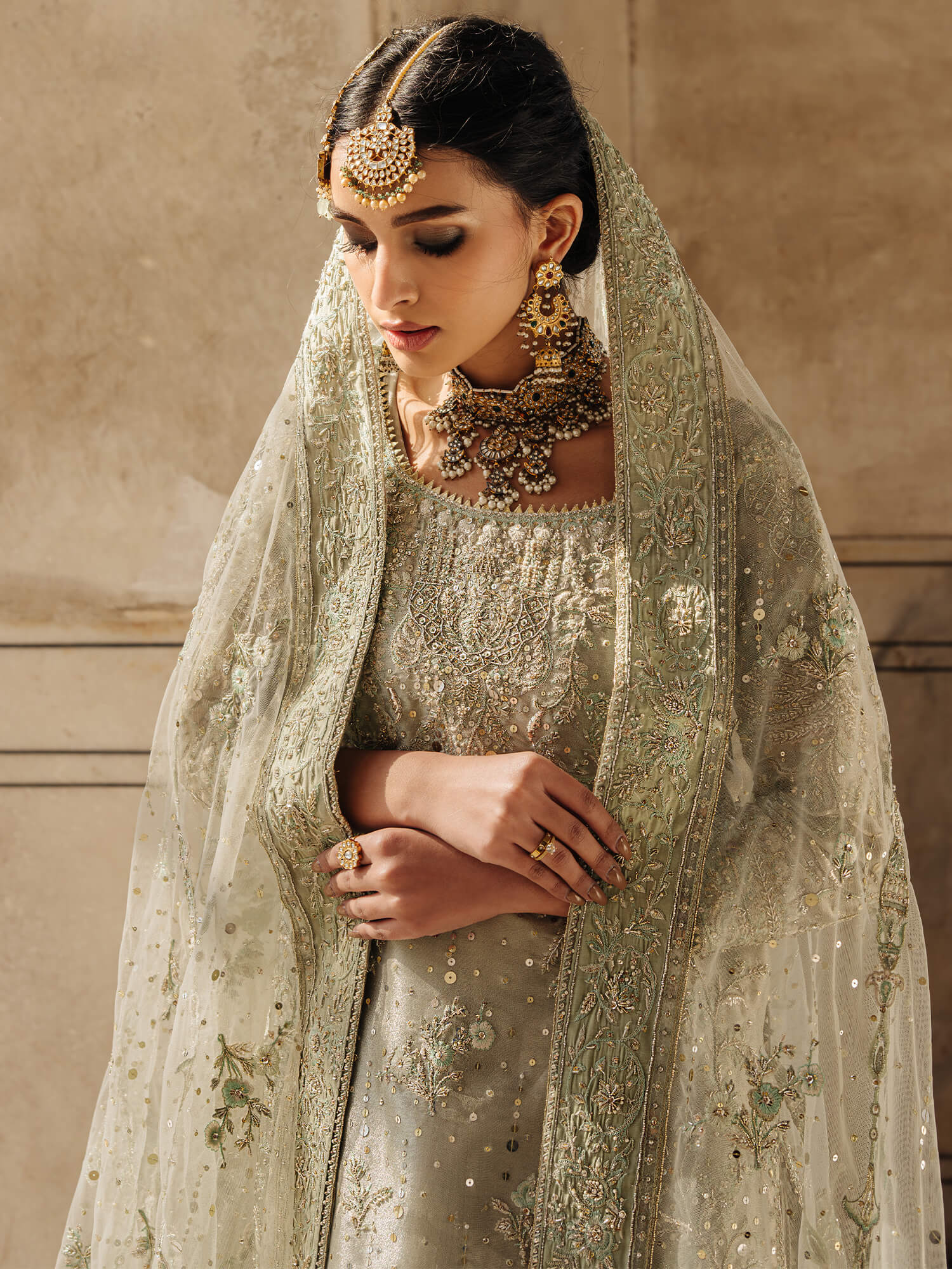 Pakistani Pistachio Zardozi Tissue Sharara (3-Piece) - Image 2